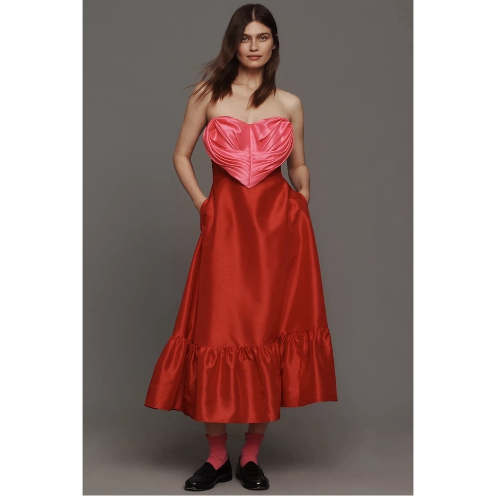 Anthropologie Hutch Strapless Heart Bodice Red Pink Satin Maxi Dress 6 NWT - Picture 2 of 10